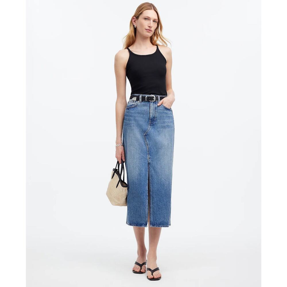 NWT Madewell The Rilee Denim Midi Skirt In Enmore Wash Size 24